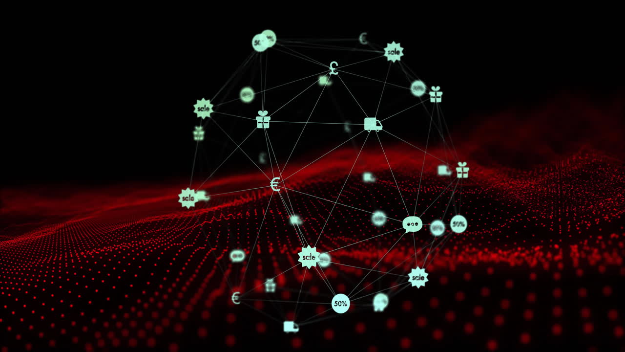Animation of globe of connections with icons over red spots on black background