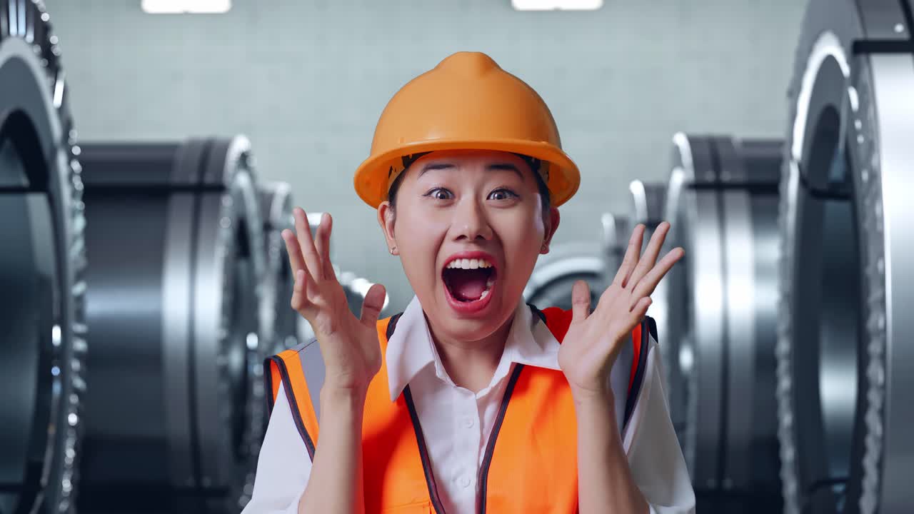안전 헬을 입은 아시아 여성 엔지니어가 카메라에 미소 짓고 금속 공장에서 서서 와우라고 말합니다.