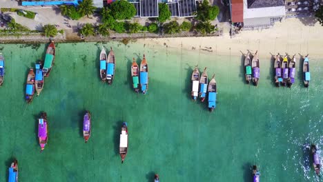 longtail boats shoreline koh phi phi island, top down view overhead, thailand