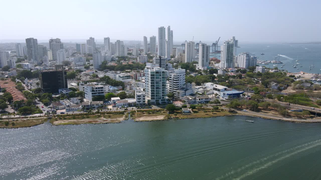 Cartagena Colombia South America city buildings Caribbean Sea coastline aerial drone