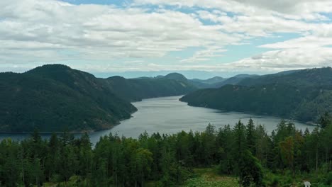 aerial of mountainous forest landscape with large river