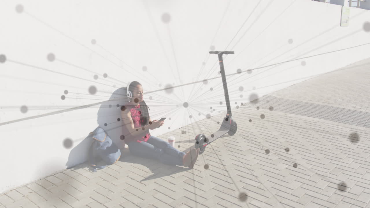 Animation of network of connections over woman listening to musci using smartphone