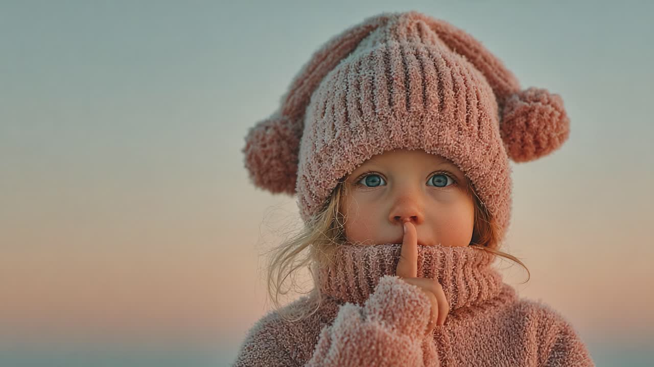 A Quiet Moment: A Young Child in a Warm, Pink Hat and Sweater, Embracing Silence and Serene Beauty Against a Soft Background