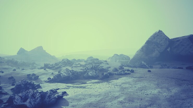 Mysterious rocky landscape under an ethereal sky with blue hues and fog