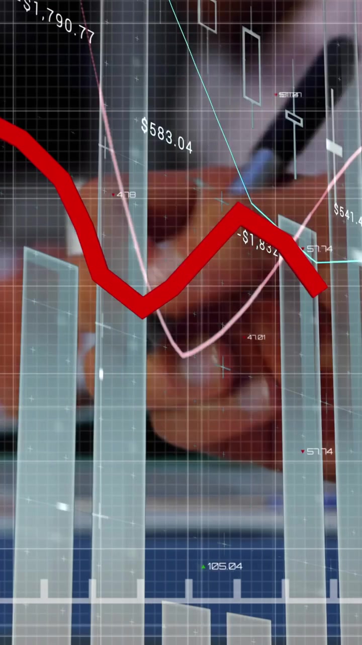 Animation of statistical data processing against mid section of man taking notes at office