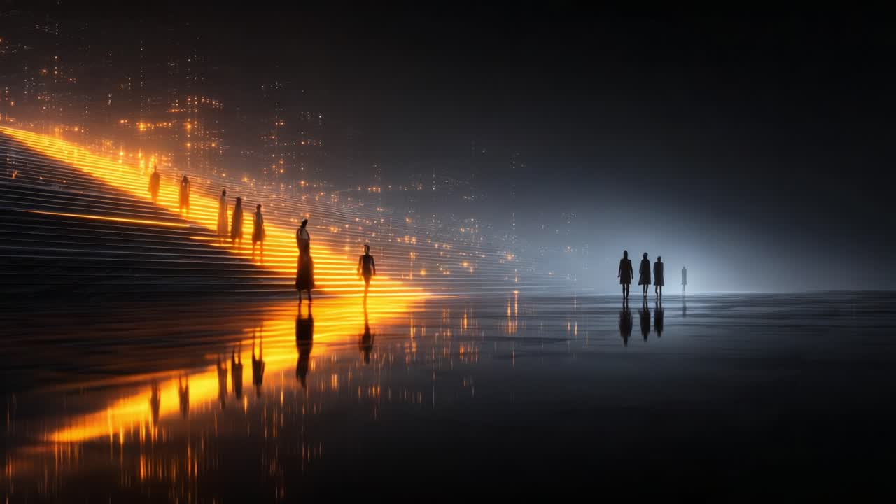 A Breath-Taking Glimpse into a Futuristic Realm: Humans Navigating a Mystic Landscape Illuminated by Golden Lights and Reflections Unveiling a Dreamlike Atmosphere
