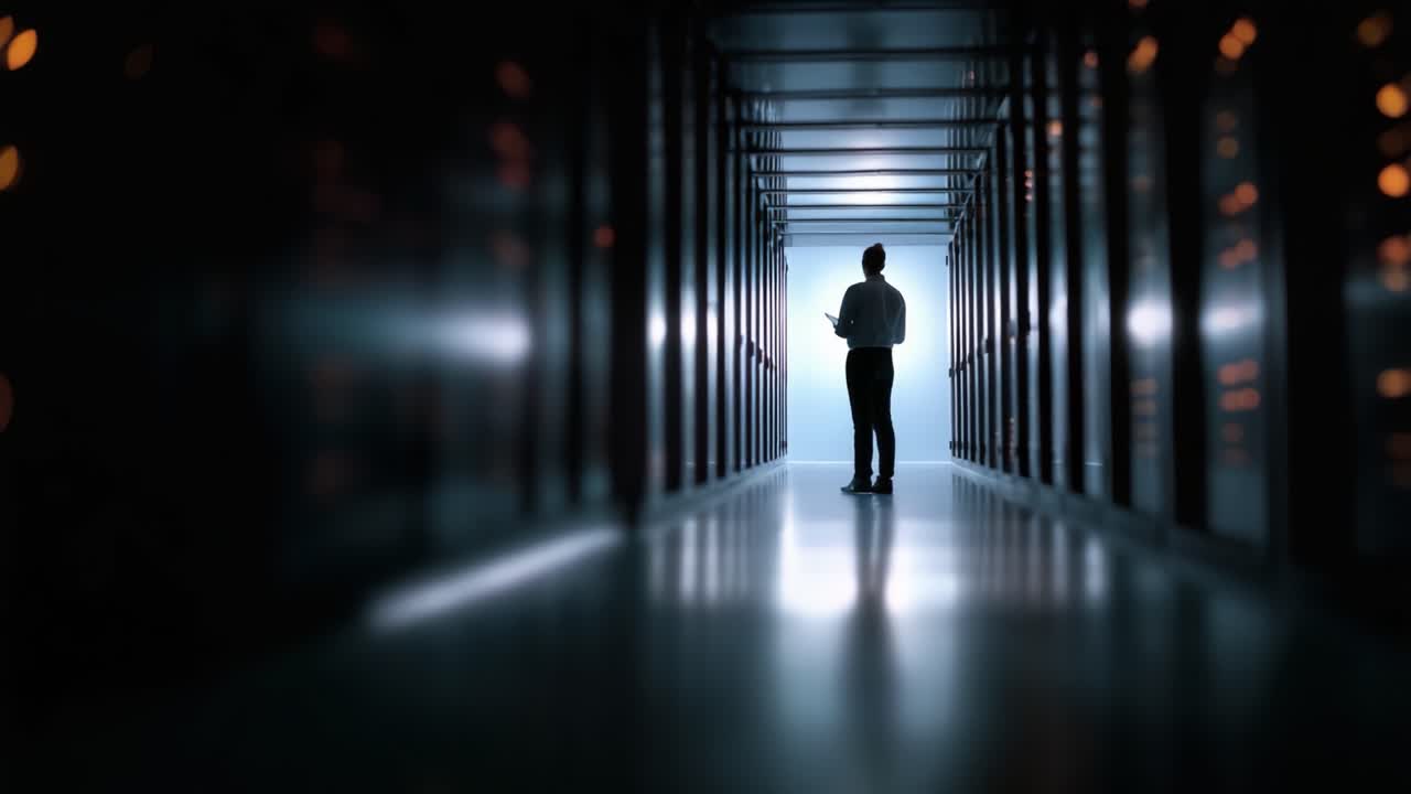 A lone figure stands in a dimly lit server corridor, surrounded by rows of glowing data storage, embodying the essence of technology and data management