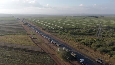 a drone captures a scene of a large number of cargo trucks stuck in a long queue on a highway before a border post