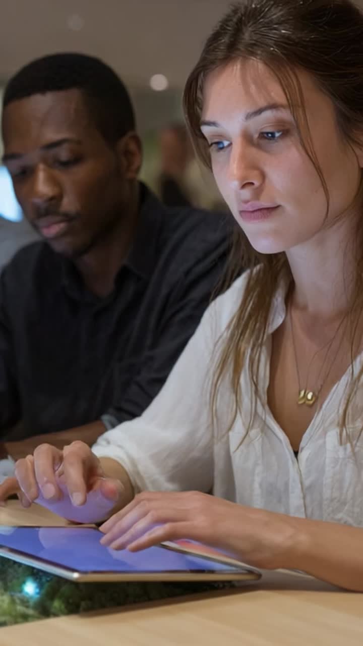 Focused individuals engaged in a collaborative workspace, utilizing technology to interact with digital content on a tablet, demonstrating teamwork and concentration