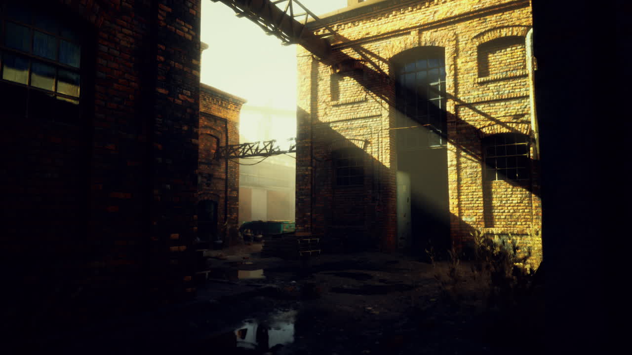 Urban exploration unveils a sunlit alleyway in a historic brick warehouse