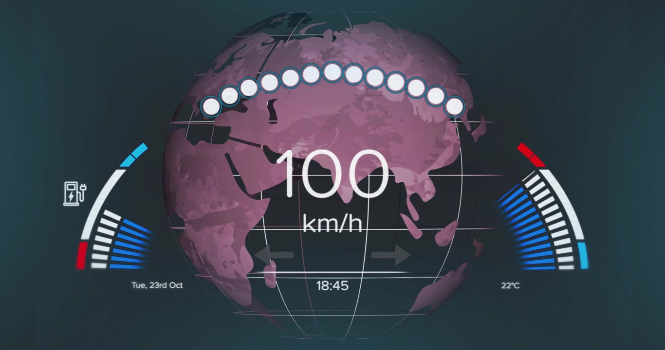 Starting 3D globe rotating eastward, speed updating and gauges filling showing dashboard progress
