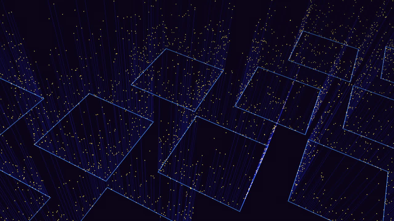 Futuristic technology background with blue light trails, floating wireframe squares, and sparkling particles in dark space, ideal for data, AI, and cyber themes