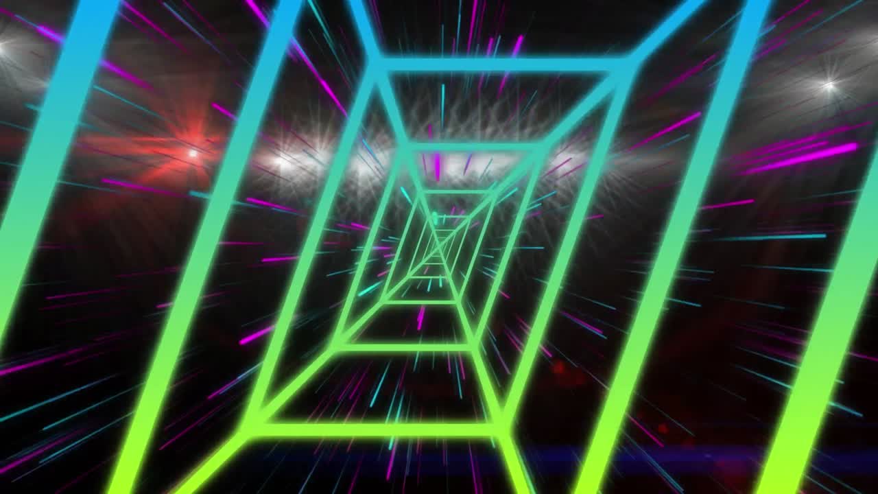 animación en 3d de un patrón rectangular abstract colorido, haces de neón que se amplían sobre el estadio iluminado