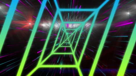 3d-animation-of-abstract-colorful-rectangular-pattern,-neon-beams-zooming-over-illuminated-stadium