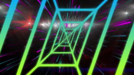 3d animation of abstract colorful rectangular pattern, neon beams zooming over illuminated stadium