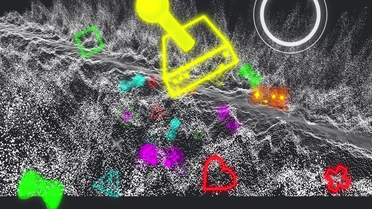 Animation of neon icons over white waves on black background