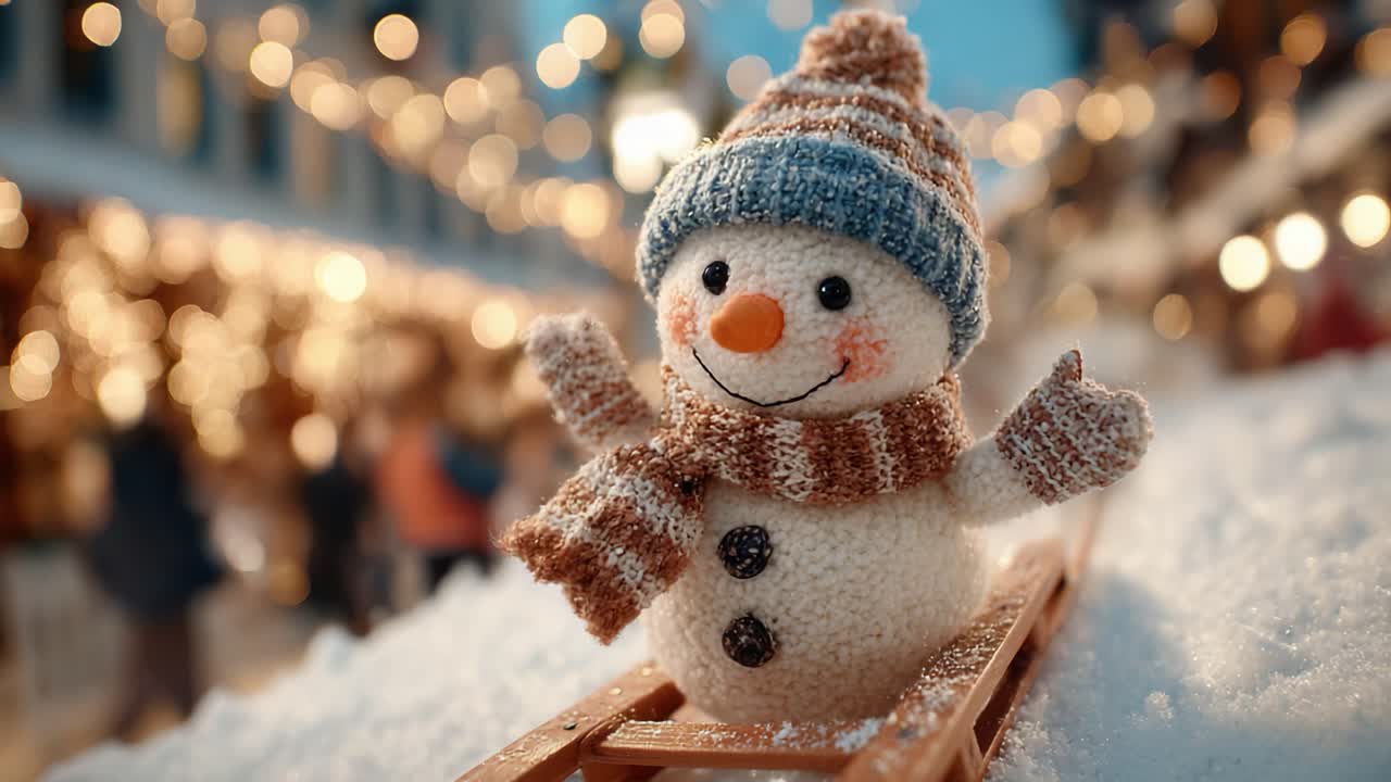 Charming Snowman on a Sleigh: A Delightful Scene Capture with Twinkling Lights and Merry Atmosphere in a Winter Wonderland Setting