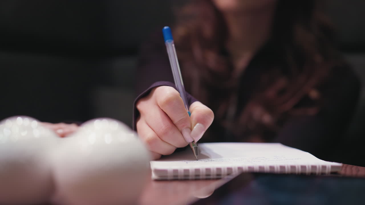 Close up view of female hand with long acrylic nails holding pen while writing in notebook on wooden table. White decorative objects and blurred book visible in cozy indoor workspace background