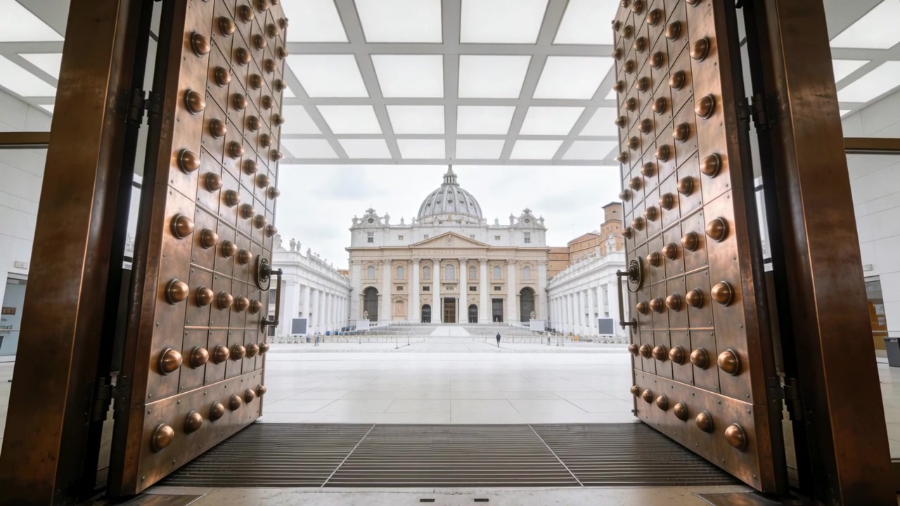 Porte doppie di bronzo che si aprono parzialmente dal vestibolo, rivelando una basilica a cupola.