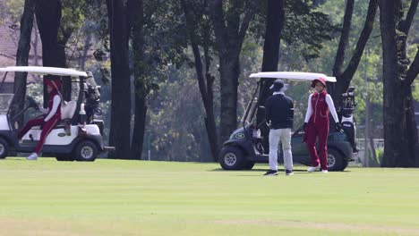 golfers and caddies moving with golf carts.