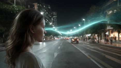 woman in futuristic cityscape