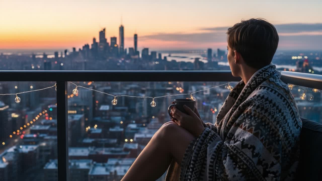 A Peaceful Evening on a Balcony: Enjoying the Sunset Over the City Skyline with a Cozy Blanket and a Warm Drink