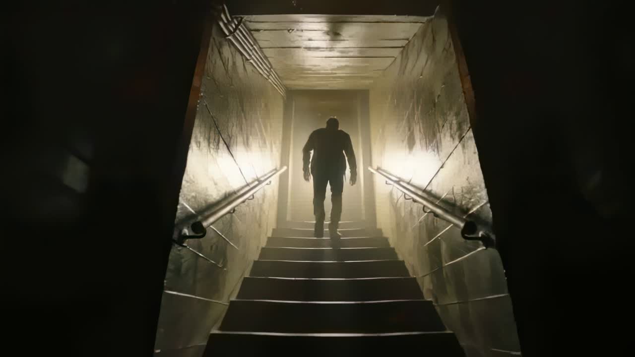 Climbing man wearing dark coat toward bright basement exit, backlight drawing him upward with rails