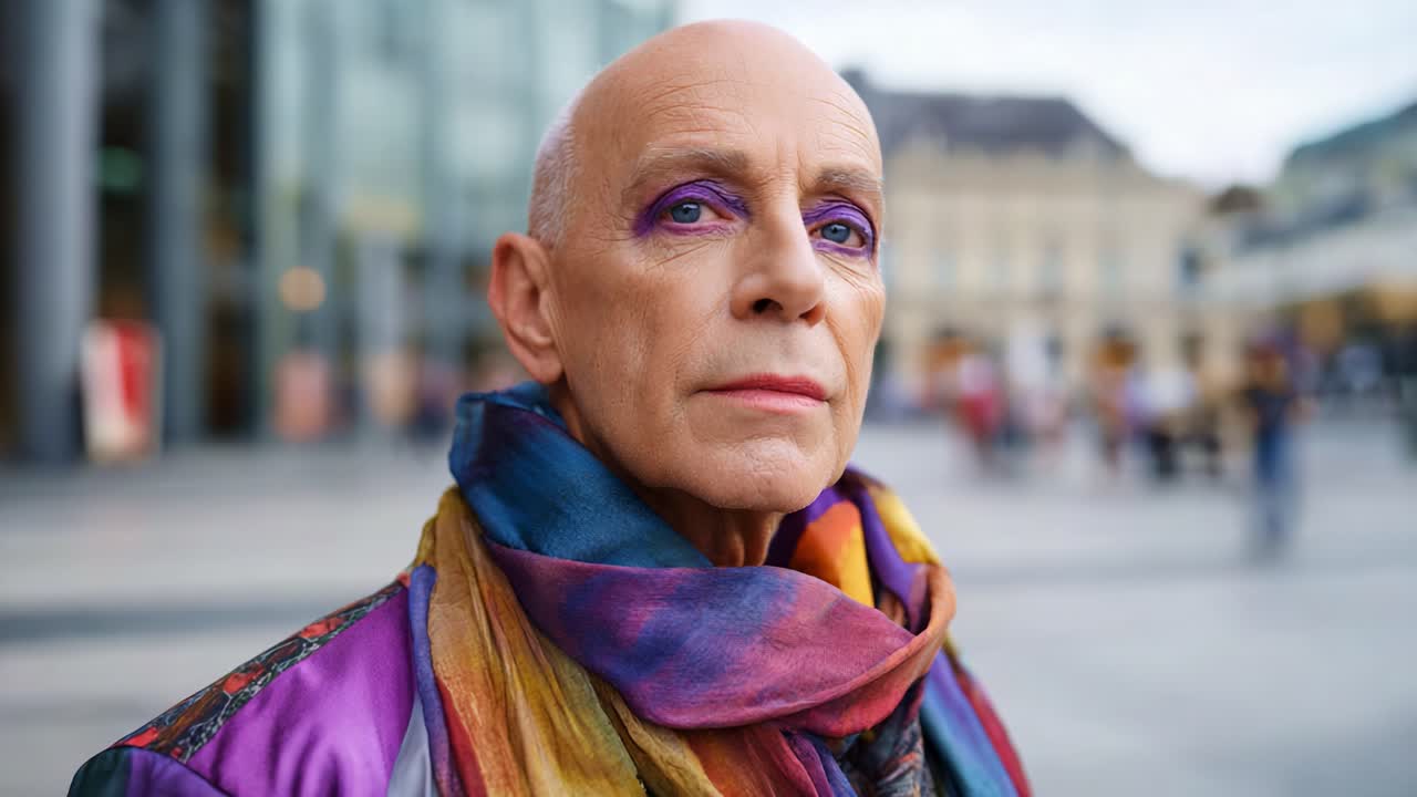 Una persona sicura di sé, con uno stile unico e un trucco vivace, che mette in mostra scelte di moda audaci e una presenza notevole in un contesto urbano