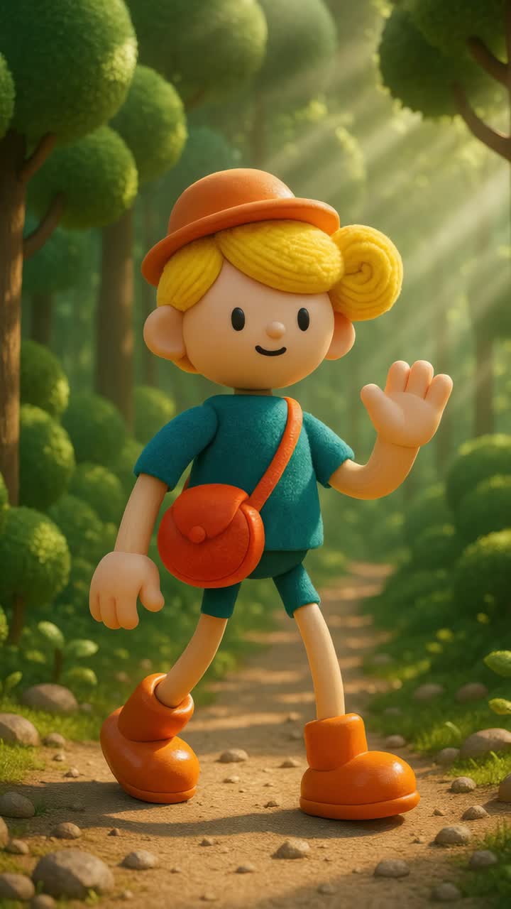 Charming 3D character in a forest, waving and smiling. Captured from a low angle, perfect