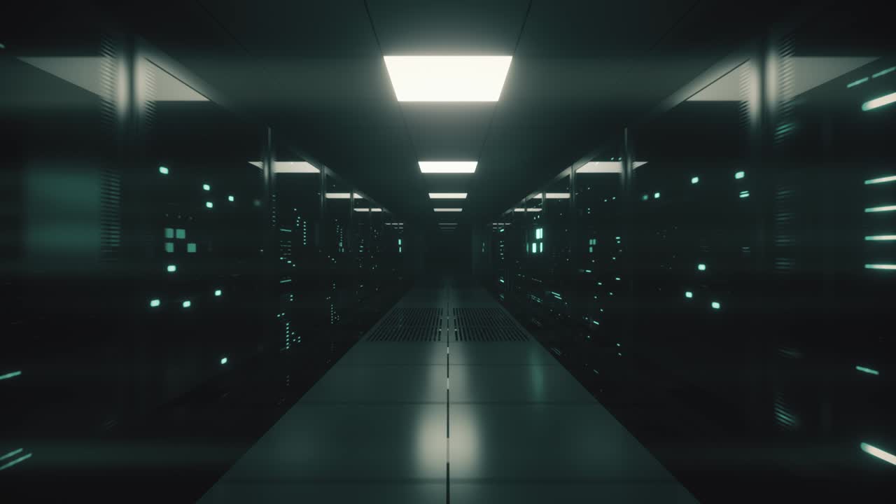 Endless flight along server blocks. Data center and internet. Server rooms with working flickering panels behind the glass. Technology corridor. Seamless loop 3d render