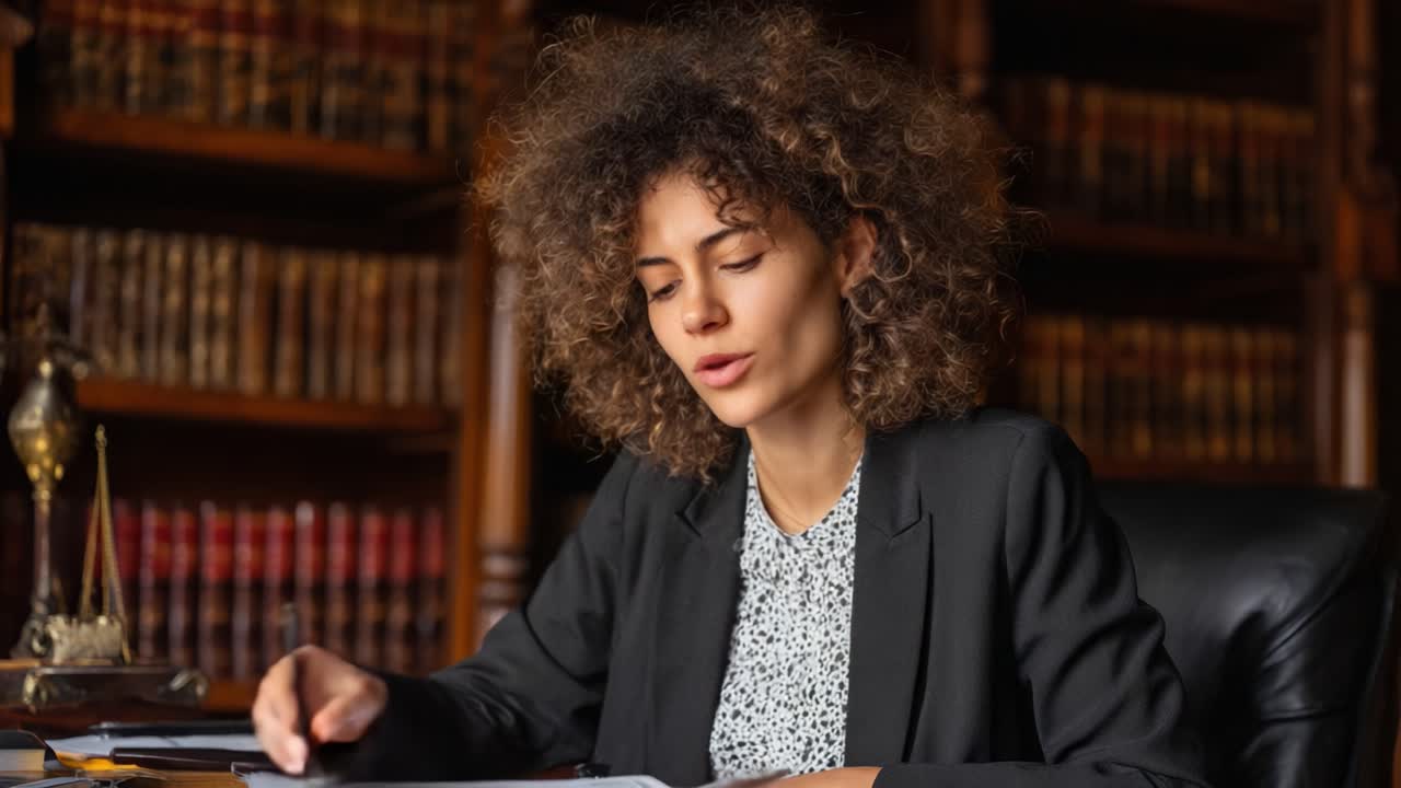 Focused Professional Engaged in Legal Studies and Documentation in a Library Setting, Showcasing a Determined Work Ethic with Authentic Concentration