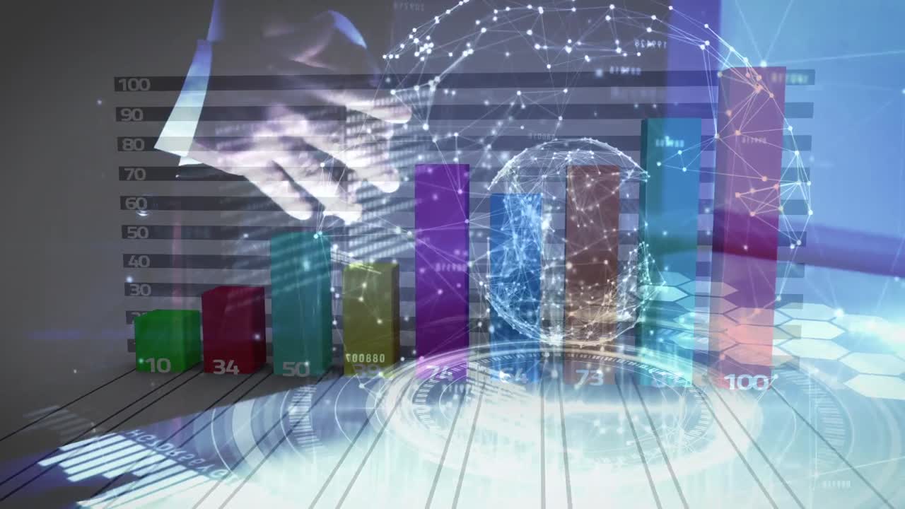 анимация красочного графика, финансовых данных и глобуса над руками кавказского человека и сенсорным экраном