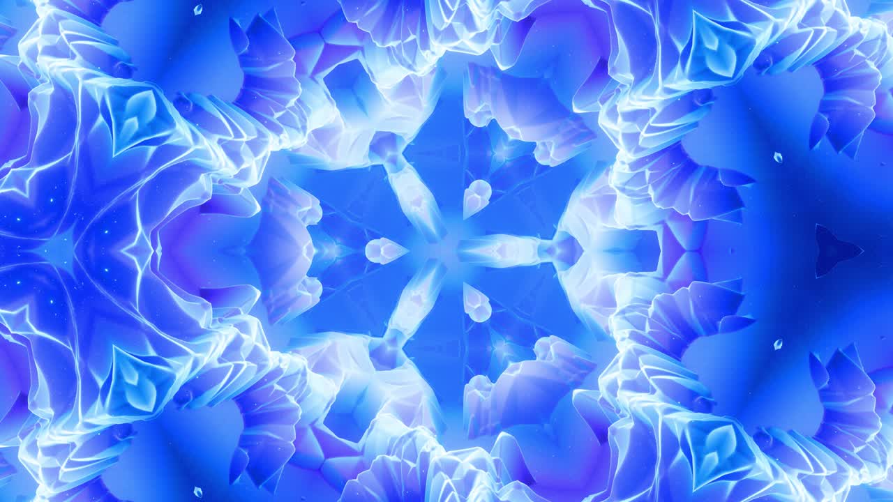 гладкая циклическая анимация 3d абстрактной мягкой матовой формы, такой как цветок или мандала, симметричная структура синего фиолетового бархатного материала, перемежаемая блесками, изменяет формы плавно циклически.