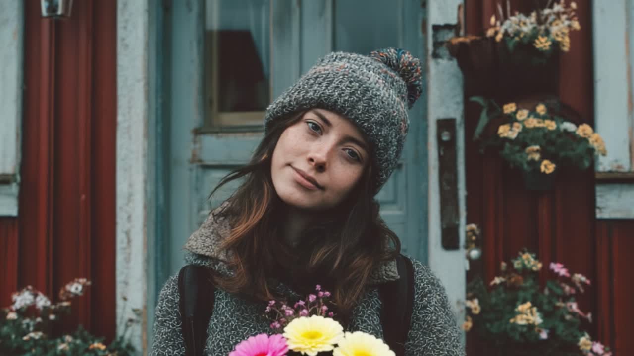 A Young Woman Smiling With Flowers in a Cozy Sweater and Beanie, Surrounded by a Rustic Exterior and Vibrant Floral Arrangements on a Chilly Day