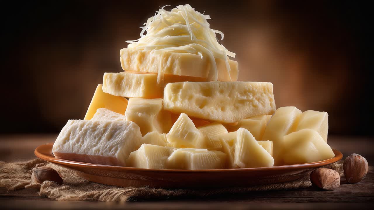 A Succulent Display of Gourmet Cheeses Piled High on a Rustic Wooden Table, Showcasing Various Textures and Flavors in a Warm, Inviting Atmosphere