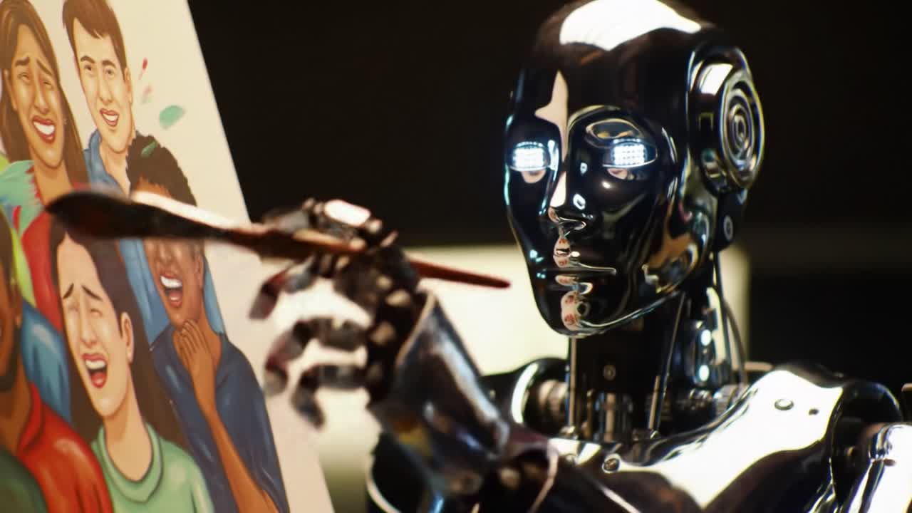 A sophisticated robot artist meticulously creates an emotional portrait, showcasing laughter and joy through a beautiful array of expressive faces on canvas