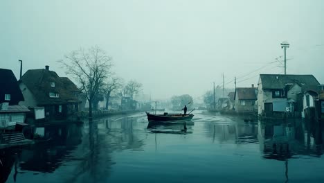 misty village canal scene