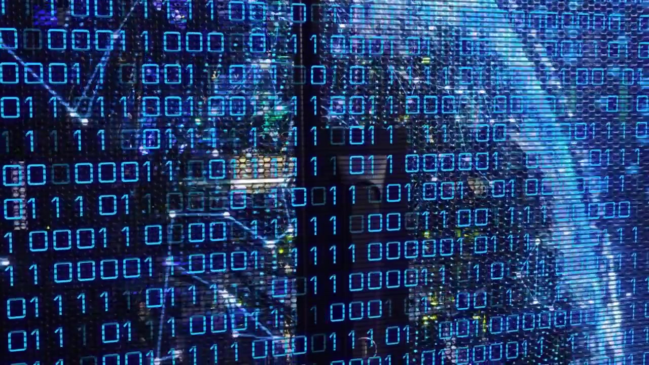 Animation of binary codes and digital lines connecting the dots loving against globe and locker