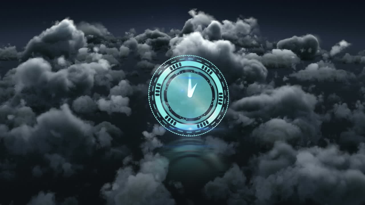 Animation of clock with moving hands over cloudy sky