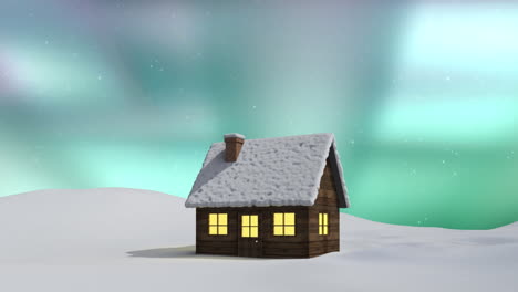 animation of house at christmas over aurora and winter scenery