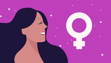 tarjeta de feliz día de la mujer con chica feliz y símbolo de género femenino