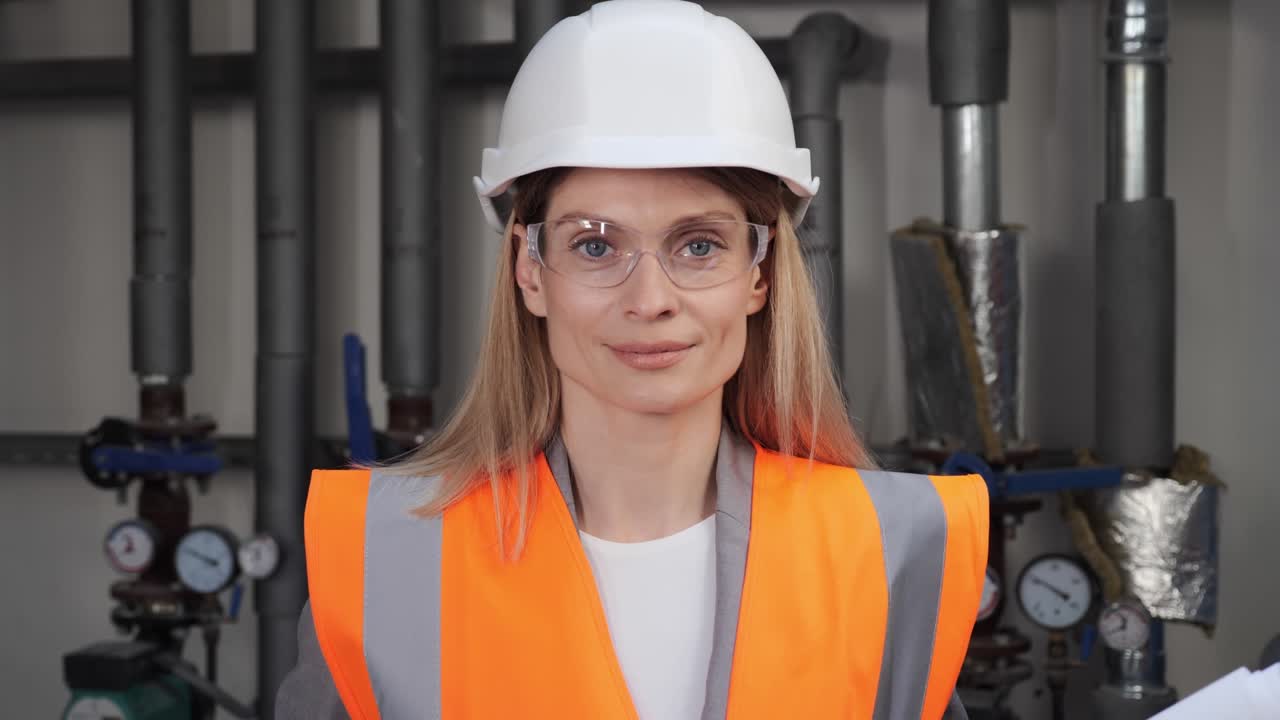 ingeniera creativa sonriente. retrato de una trabajadora ingeniera profesional de la industria con uniforme, gafas y sombrero en una sala de calefacción. hermosa especialista de pie en la sala de producción.