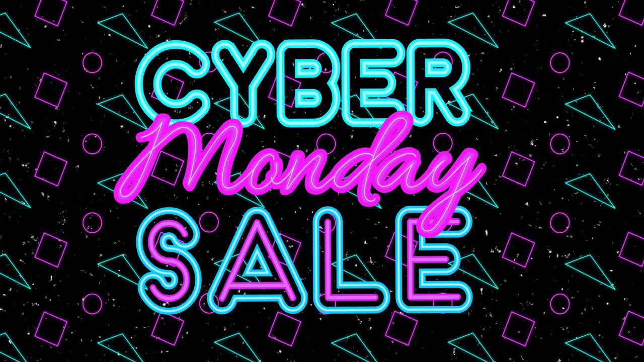 사이버 월요일 판매 검은 바탕에 기하학적 모양 위에 네온 색으로 텍스트