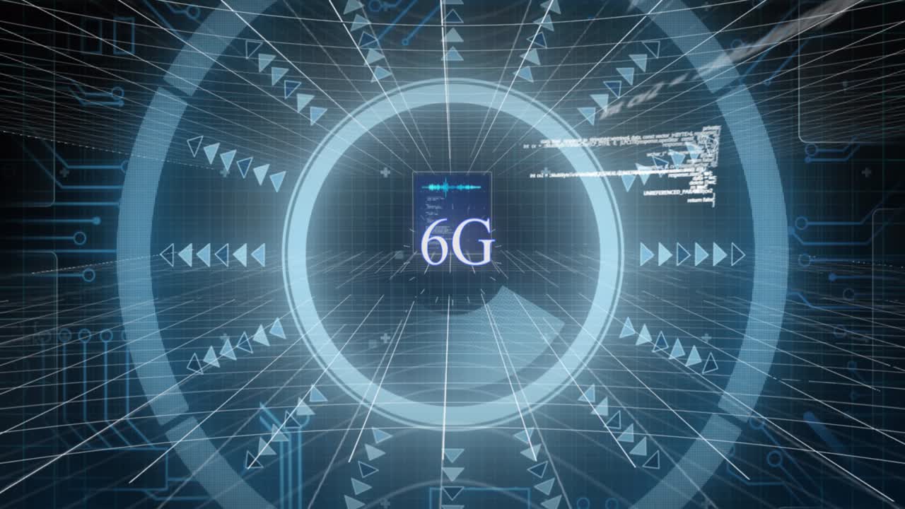 animación de texto de 6g con interfaz brillante e información que se mueve sobre un fondo negro