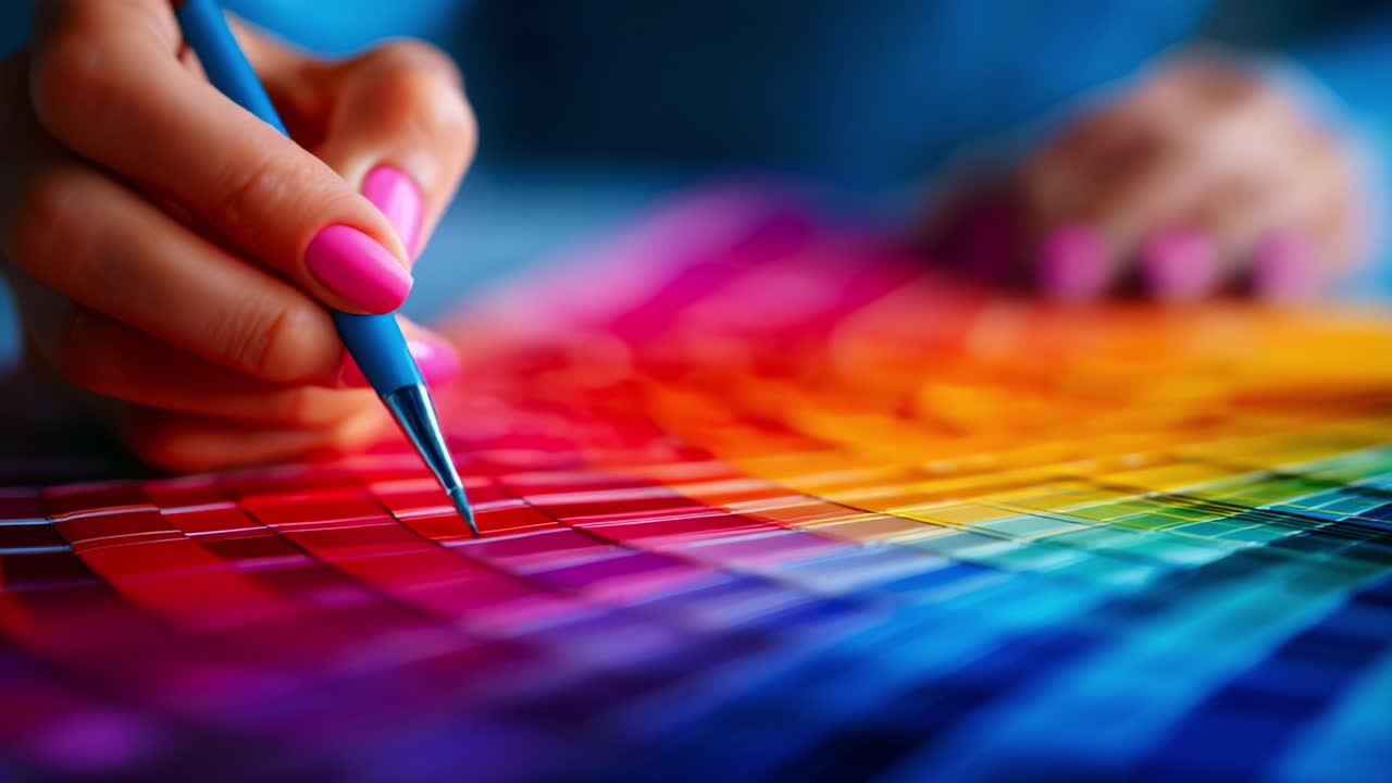 A close-up view of a hand holding a pen, delicately selecting and illustrating color swatches arranged in a vibrant spectrum, showcasing creativity and artistic expression