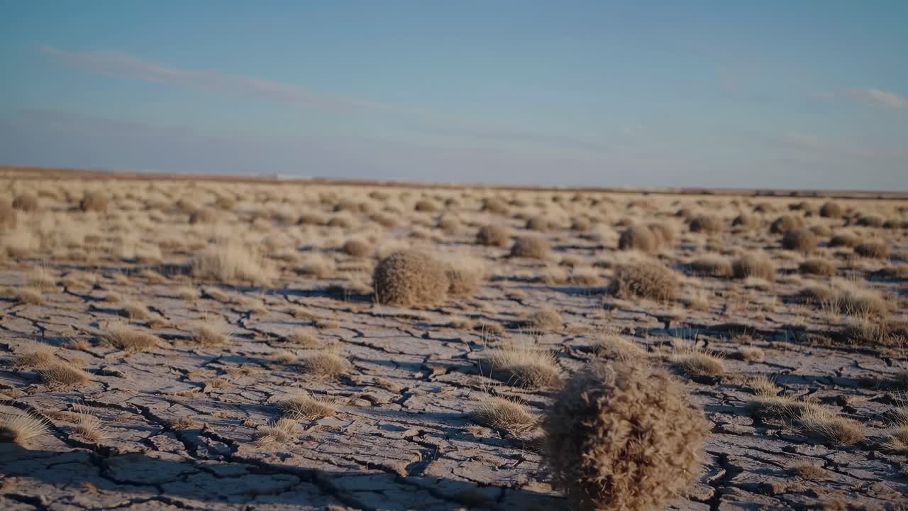 Video grandangolare di un paesaggio desertico brullo con terra screpolata e cardi selvatici sparsi
