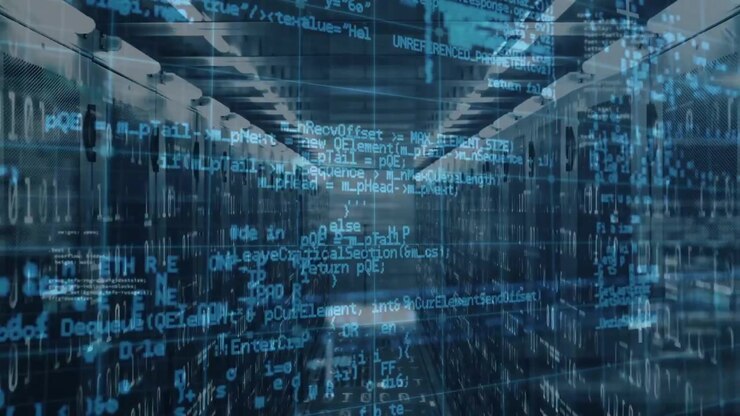 Animation of data processing and lights over servers