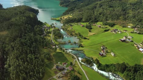 beautiful nature norway natural landscape. aerial footage lovatnet lake lodal valley.