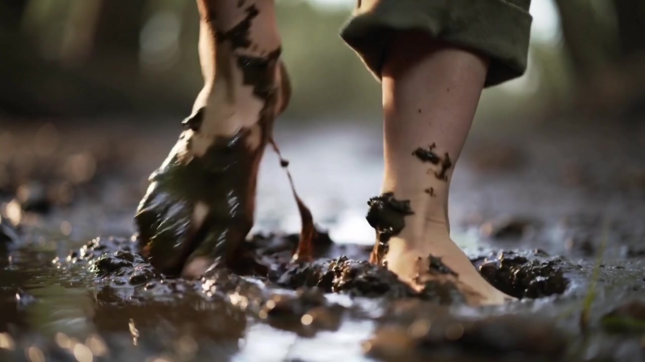 Bambino che fa il primo passo, affondando i piedi in una pozzanghera fangosa nel bosco, con caviglie infangate e orli dei pantaloni arrotolati.