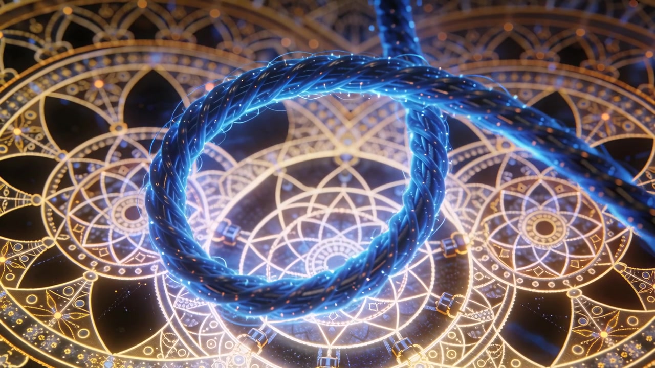 Entering glowing blue braid forming tight loop above gold mandala, lighting design, clamps sparking